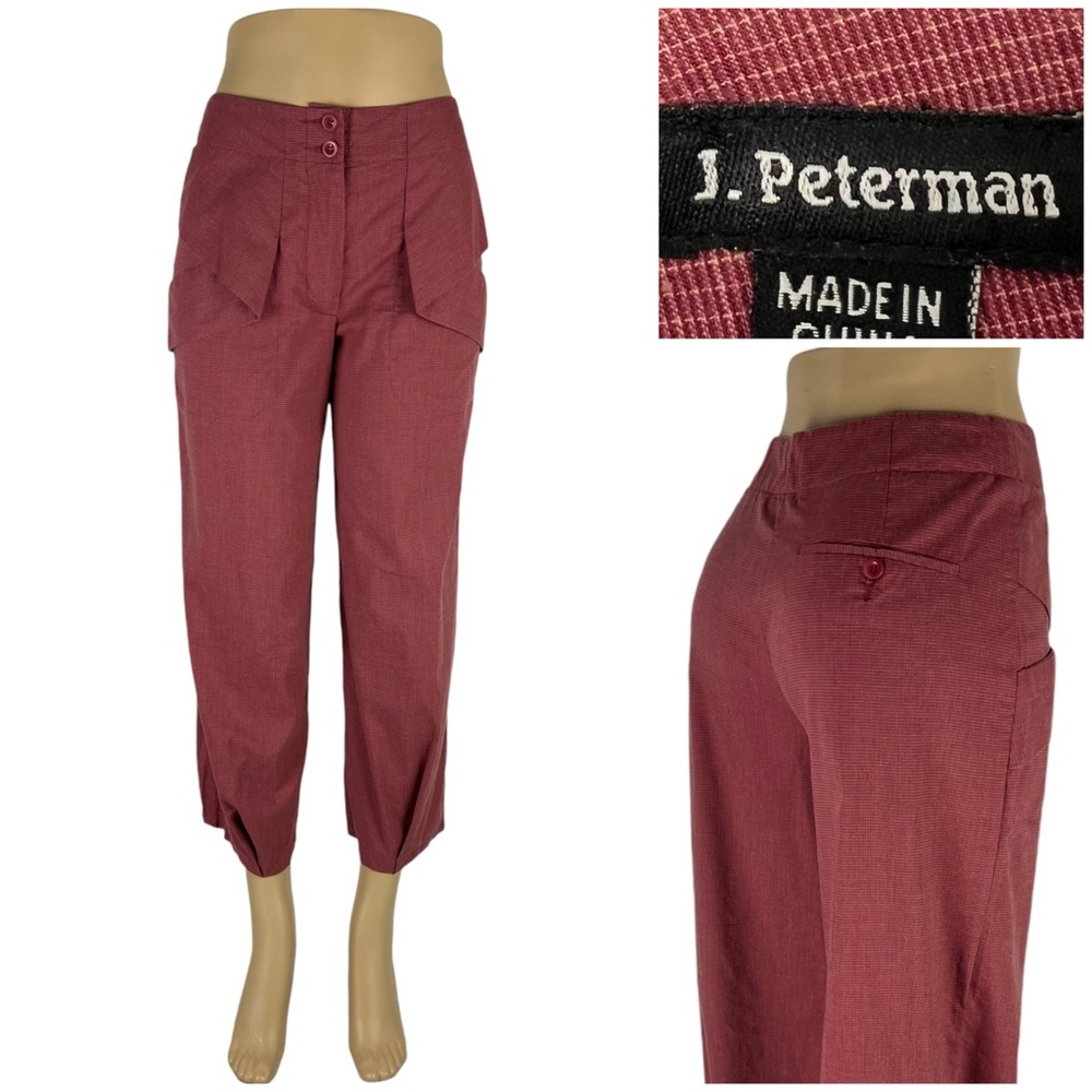 J Peterman Womens 2 Pants Red Checks Cotton Blend Wide Leg Ankle Crop Casual EUC